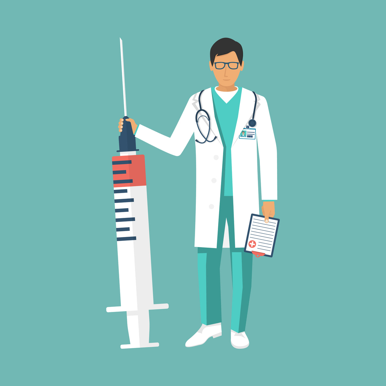 An illustration of a doctor holding a clipboard standing next to a syringe.