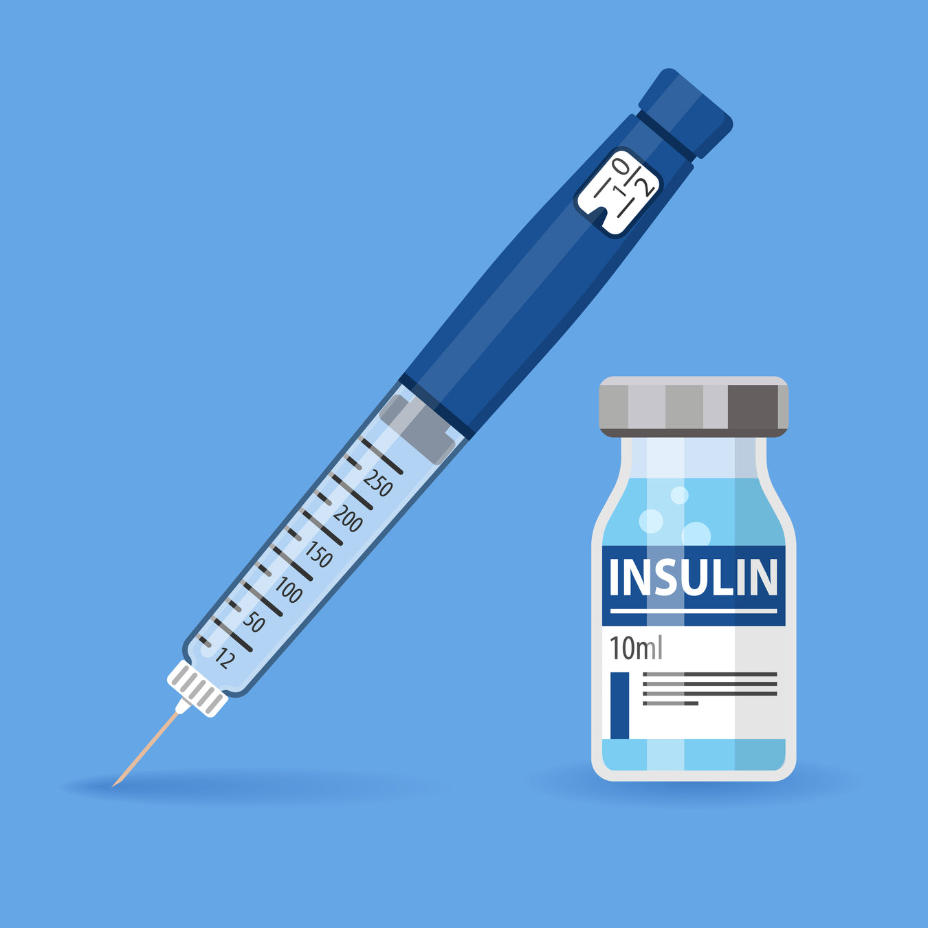 A syringe and a vial of insulin.